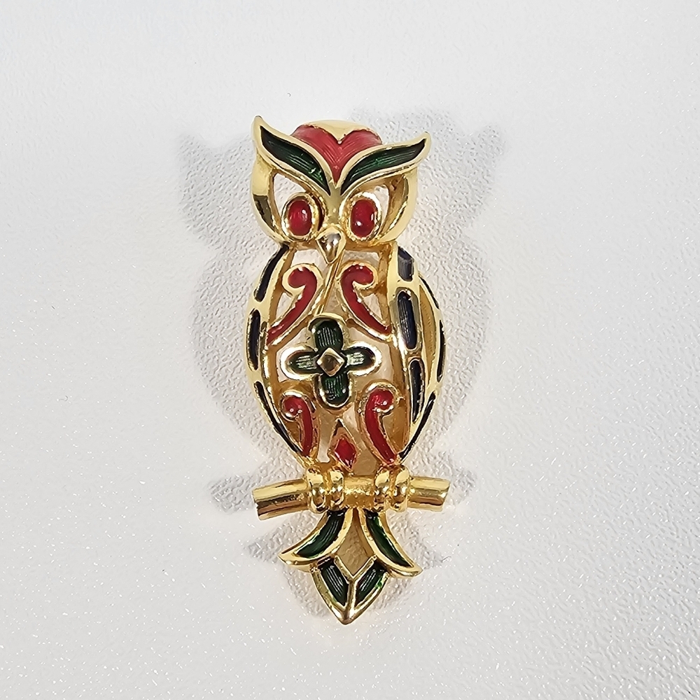 Vintage CROWN TRIFARI Multicolor Red Green Blue Enamel on Gold Owl Brooch Pin